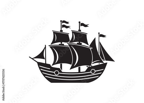 Black and White Vintage Galleon Ship Illustration; Nautical, Maritime,  Exploration Theme; Dramatic, Bold Graphic Design.