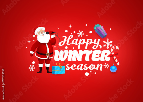 Christmas quote happy winter season with Santa singing in microphone, vector greeting card. Christmas quote for winter holiday or New Year with happy Santa, gifts and snowflakes with candy cane