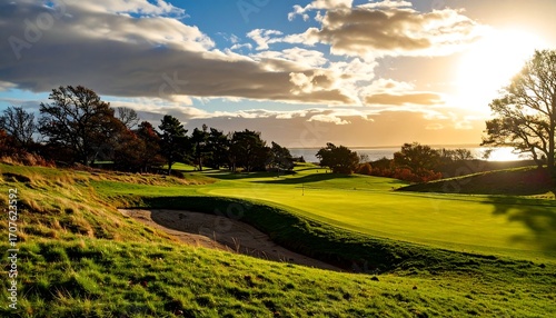 Golden sunset over a golf course