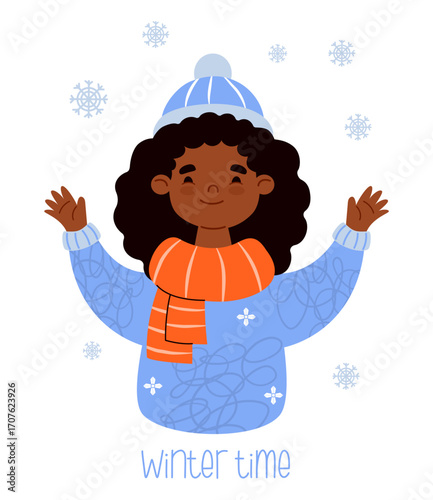 Cute Ethnic Winter Girl playing with Snowflakes. Female seasonal Portrait happy Black Curly brunette on White Background. Vector illustration. Perfect for poster, banner, card, design. Not AI