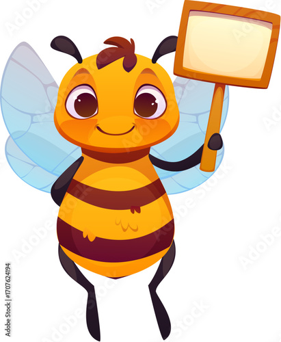 Cartoon cute honey bee character with signboard. Vector smiling flying honeybee holding empty blank placard. Funny yellow striped garden insect with wings. Apiary, beekeeping, children book personage