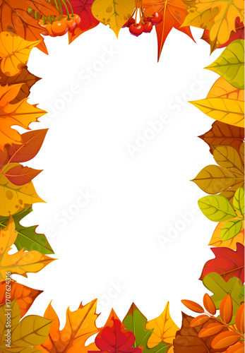 Vertical Thanksgiving holiday autumn fall leaves frame. Autumnal border with colorful seasonal foliage and berries. Vector template for the photo, back to school or thanks giving festival celebration