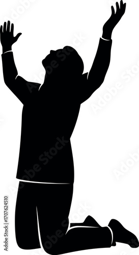 Vector art of silhouette of a person kneeling with arms raised in supplication transparent background