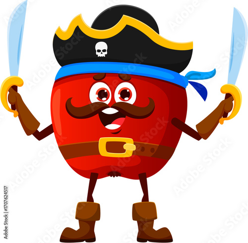 Cartoon red apple pirate and corsair character. Isolated vector fruit personage wear tricorn hat and sabers, radiating fruity swashbuckling spirit, sails the orchard seas in search of juicy treasures