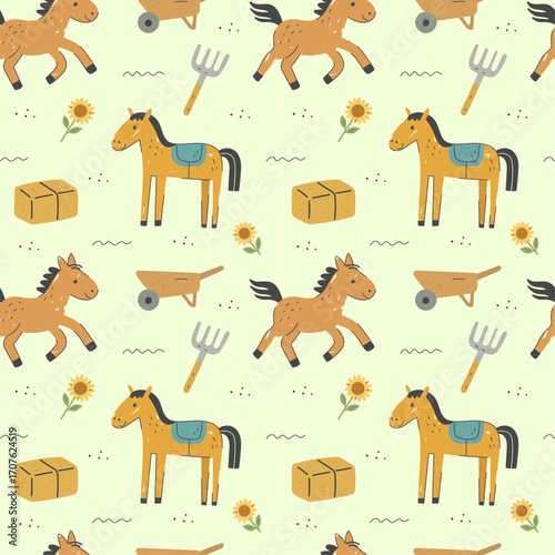 Seamless pattern featuring horses, tools, sunflower and hay bales in colorful cartoon flat style. Ideal for kids textile and decoration
