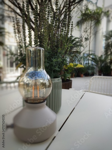 The bright atmosphere caffe table with the green around
