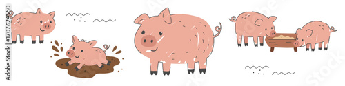 Cute pigs on the farm playing in mud and eating from trough, illustrated in colorful cartoon flat style. Ideal for children designs and clipart