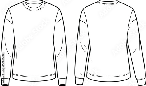 Crewneck sweatshirt vector template front and back view, blank unisex pullover, fashion mockup design for apparel branding and printing