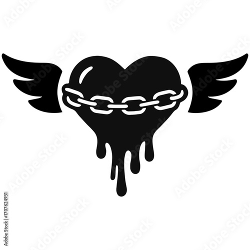 Black dripping heart with wings wrapped in chain symbolizing captivity, struggle and lost love