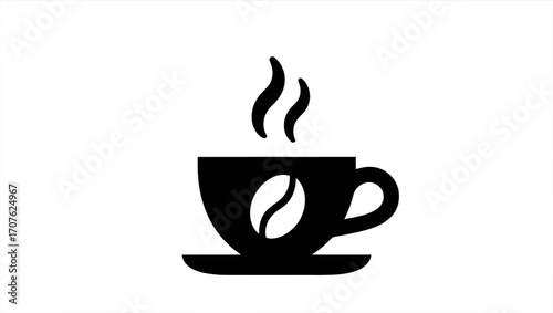 Minimalist Coffee Cup Illustration with Steam and Bean Design for Coffee Themed Projects, White on Black Background Provides High Contrast