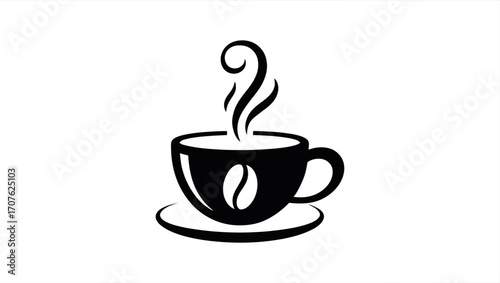 Minimalist Coffee Cup Illustration with Steaming Aroma and Coffee Bean Decoration on a Sleek Black Background