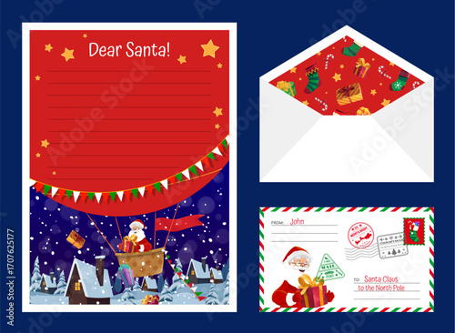 Christmas Santa letters wishlist and envelope for winter holiday greeting, cartoon vector. Dear Santa, letter or wish list and postcard with gift, candy and sock pattern for Christmas greeting card