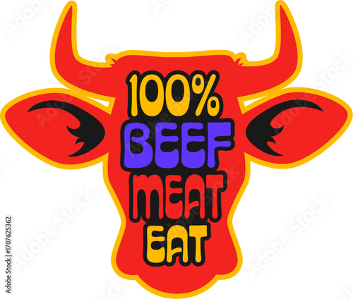 Barbeque steak, butchery store retro Y2K sticker or print. Beefsteak gourmet retro Y2K vector label, steakhouse beef BBQ patch. Barbeque meat tag with cow or bull head silhouette and typography
