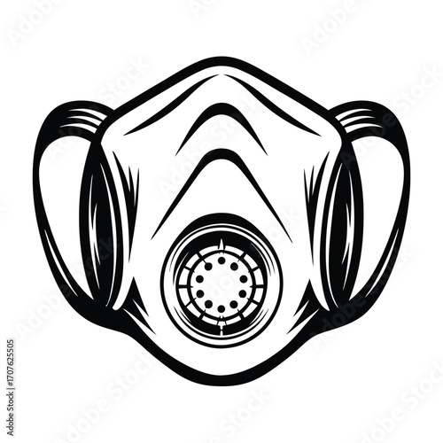 Black outline of a protective face mask with ear loops resting against a white background