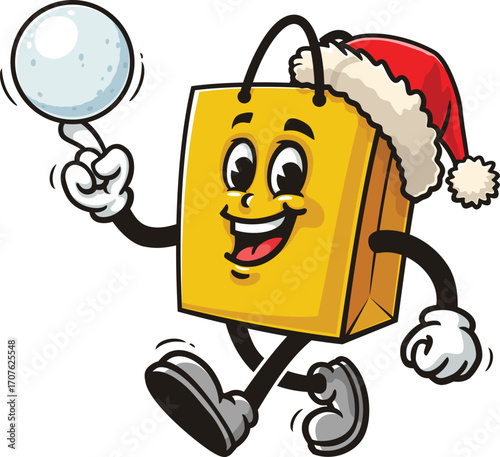 Cartoon shopping bag mascot playing snowballs and wearing a Christmas hat