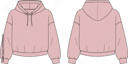 Cropped pink hoodie front and back view, fashion flat sketch, casual wear template, hooded sweatshirt vector for clothing design