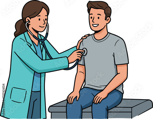 Female doctor using stethoscope to check male patient, medical checkup, healthcare professional consultation, clinic visit, diagnostic care, exam