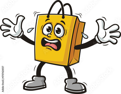 Cartoon mascot of shopping bag is panicking and scared