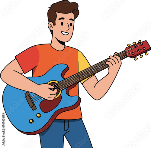 Happy young man playing acoustic guitar, enjoying music, practicing chords, performing song, smiling musician, colorful illustration, isolated, hobby