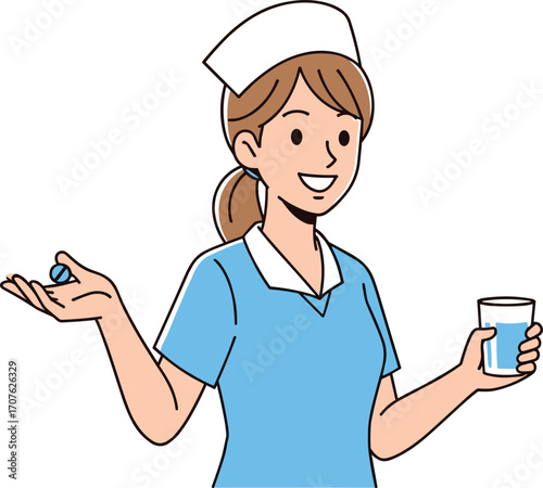 Smiling nurse holding a pill and glass of water, healthcare professional, medical treatment, patient care, medication, nurse illustration