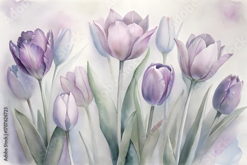 Soft watercolor painting of purple tulips with muted green leaves lavender pastel