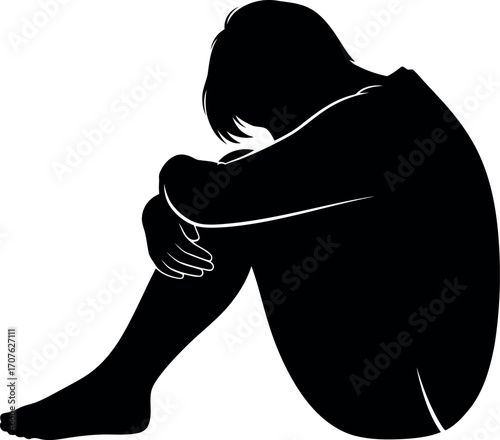 Vector art of silhouette of a person sitting curled up, transparent background