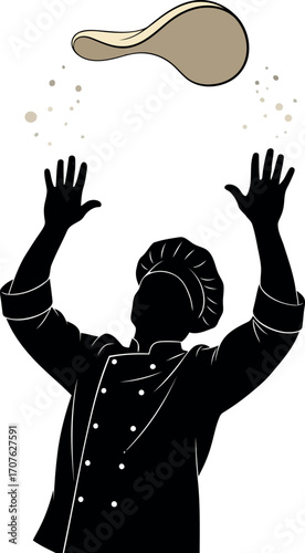 Vector art of silhouette of a chef tossing pizza dough in the air, transparent background