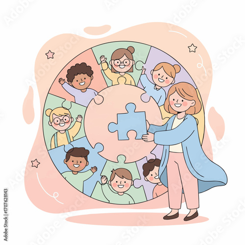 A teacher holds the final puzzle piece to complete a portrait of a diverse group of successful students.