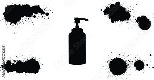 Black spray bottle with ink splatters isolated design on transparent background