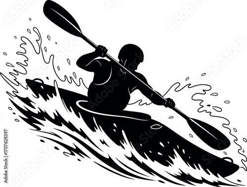 Vector art of silhouette of a kayaker paddling through whitewater rapids transparent background