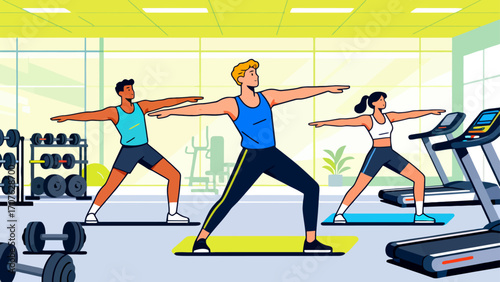Doing warm-up exercises in the gym, hand-drawn vector illustrations