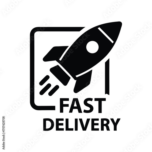 Black rocket icon is launching above fast delivery text in a square shape