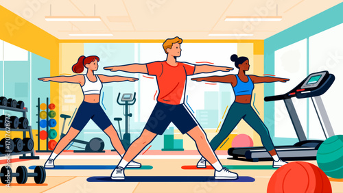 Doing warm-up exercises in the gym, hand-drawn vector illustrations