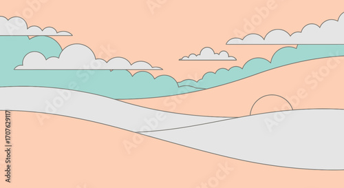 Pastel landscape illustration of rolling hills, clouds, and a setting sun.
