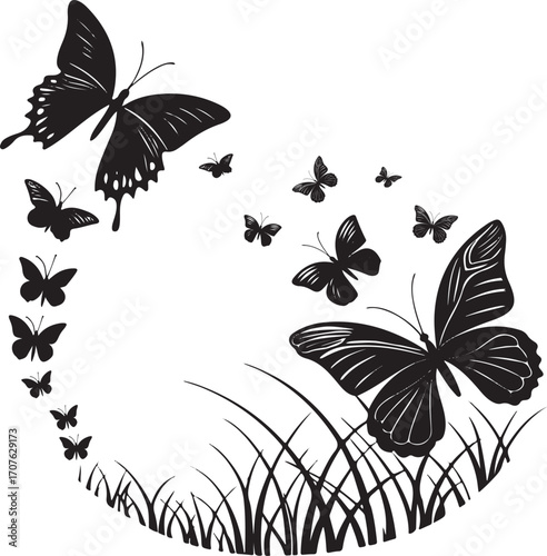 Black silhouette butterflies flying above grass with a large butterfly Keywords: butterfly, butterflies