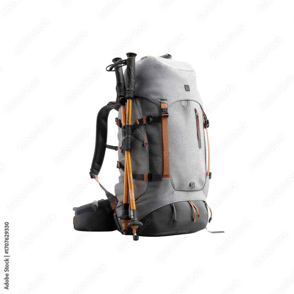Naklejka premium Grey Hiking Backpack with Trekking Poles - Adventure Gear