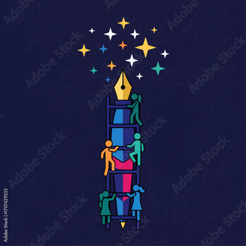 A giant pen used as a ladder for silhouette students to climb towards the stars, representing education elevating people.