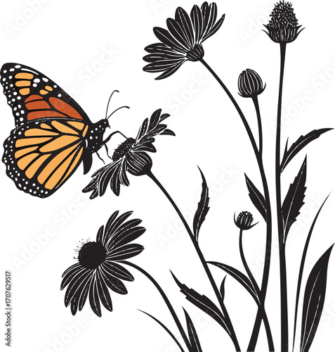 Monarch butterfly on a flower with black silhouette plants Keywords: butterfly, monarch butterfly