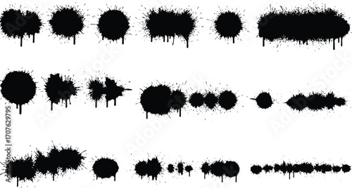 Collection of black spray paint splatters and drips on transparent background