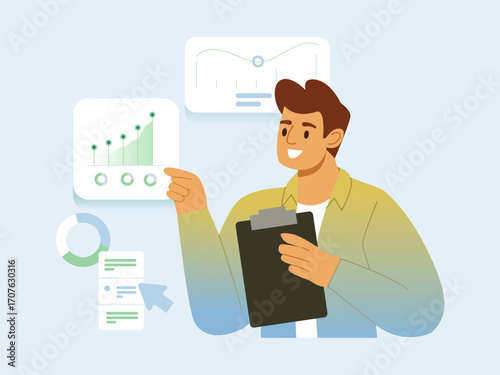 Business process, Presentation, Solution, Strategy to Implemen Concept. Man Studying Diagram Reports. Flat Vector illustration.