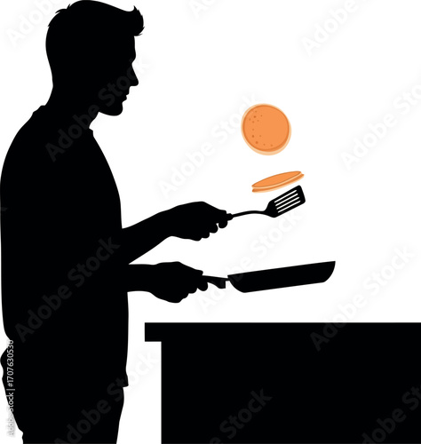 Vector art of silhouette of a man flipping pancakes in a pan, transparent background