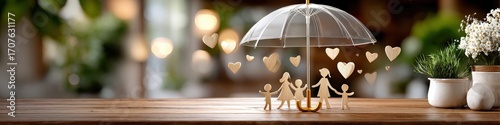 Transparent umbrella protecting family of wooden figures with floating hearts, insurance and love concept