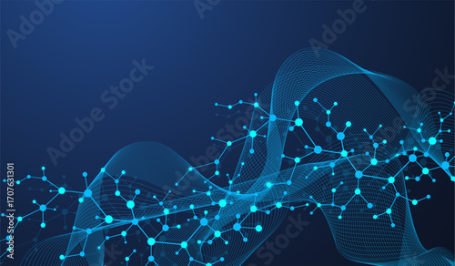 Molecular abstract structure and genetic engineering DNA. Healthcare and medicine background concept. Scientific research background. Wave flow. Innovation pattern. Vector illustration.