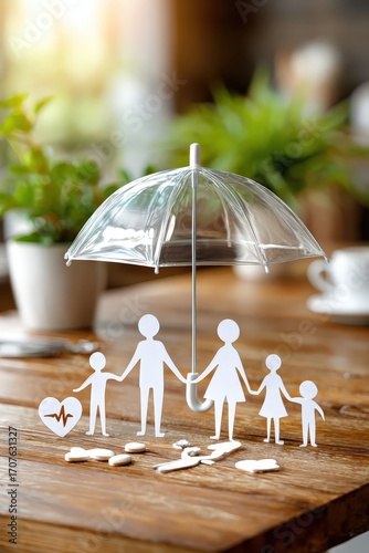 Transparent umbrella protecting paper cutout family, health and life insurance concept