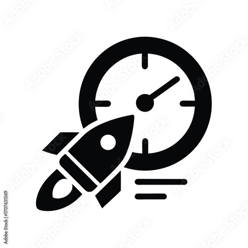 Black rocket launches rapidly behind the clock illustrating business startups and fast progress