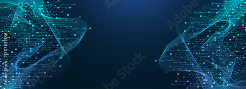 Modern technology circuit board texture background design. Quantum computer technologies concepts, large data processing. Futuristic blue circuit board background. Minimal vector motherboard