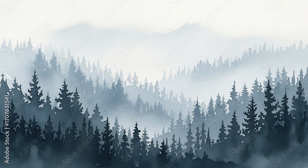 Obraz premium A serene, misty mountain range, blanketed in a dense forest, rendered in soft, cool tones.