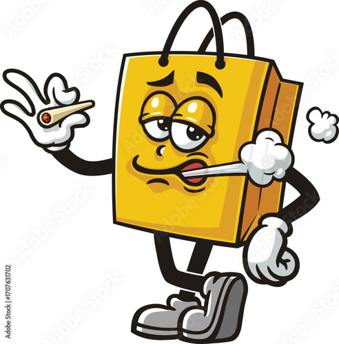 Cartoon shopping bag mascot is smoking
