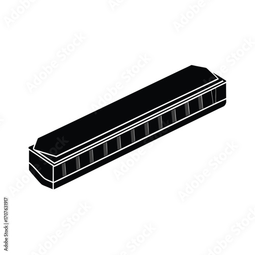 Black silhouette of a harmonica on a clean white background for musical design