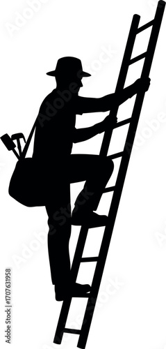 Vector art of chimney sweep silhouette climbing a ladder with tools, transparent background